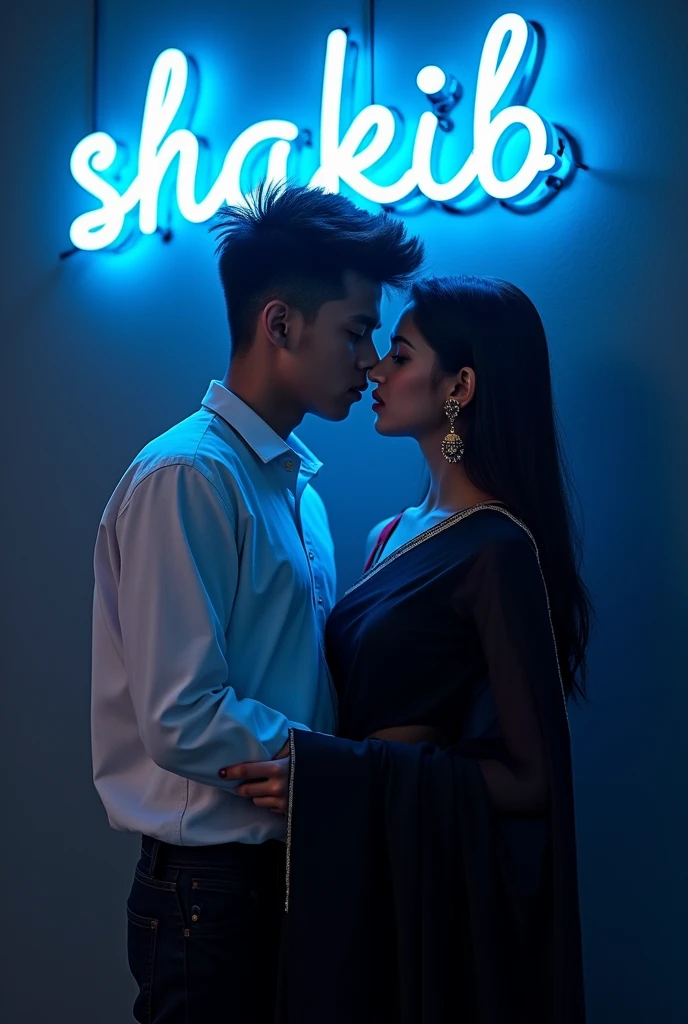 Create a 3d illustration picture where a young handsome boy and beautiful girl (around 20 years old). the boy kissing her waist. the boy wearing white shirt and girl wearing black saree. Behind him, a vibrant blue neon sign spells out "shakib saista" in a bold, futuristic font against a deep charcoal wall.