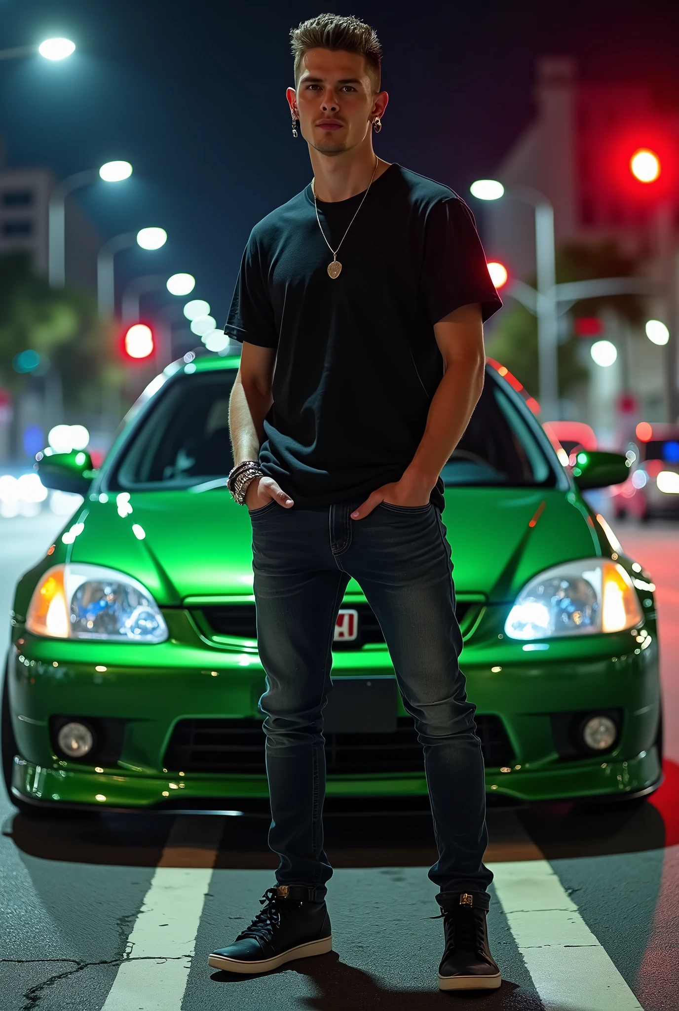 (photorealism:1.2), very handsome Young man is holding a cigaretes on his finger, black t-shirts and tight scars jeans, standing beside his modified civic ferio car(glossy green), smoked, the traffic lights and marks, low angle camera shots, headphones, black nike sneakers, car lights in the streets at nights