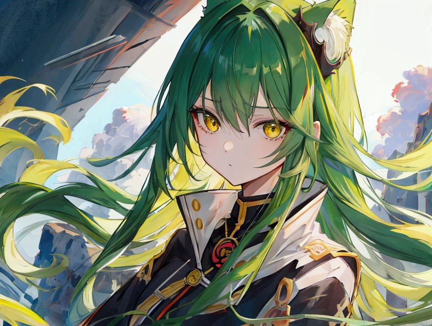 a girl with long dark green hair, yellow eyes,hair behind ear, アニメ, アニメ style, uhd, masterpiece, accurate, anatomically correct, super detail, high quality, high details, award winning, highres, best quality, 8k,
Suit，Chill，Bleak