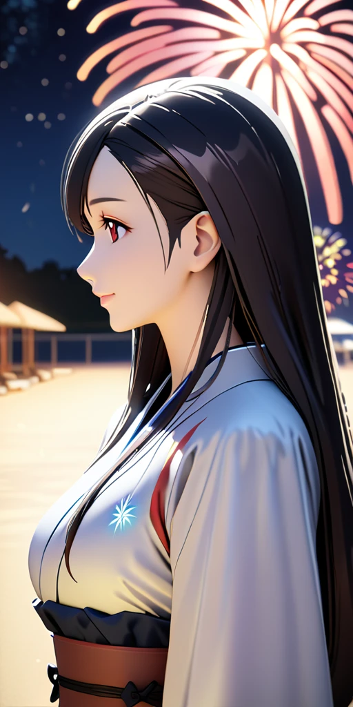 (((((tifa lockhart:1.5))))),((Highest quality、masterpiece、anime style、best quality、high resolution、8k、detailed、ultra-detailed:1.3))、Long legs:1.2, Beautiful woman with perfect figure:1.4、(Smiling:1.2), double eyelid、30-year-old female、((((One Woman,beautiful face,Beautiful face:1.5)))),Big Breasts、High resolution, accurate, Anatomically correct, High-resolution model, high quality, Very detailed, Ultra high definition、Black Hair、Straight Hair、Long Hair、(((summer、Starry Sky、Beach、long KIMONO、firework、Upper Body:1.1)))、solo, 