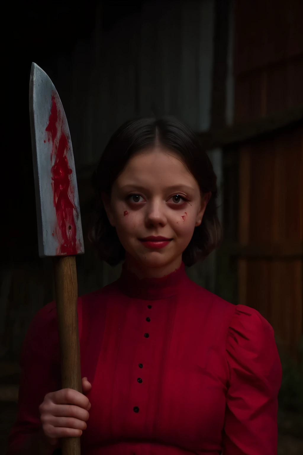 (Pearl from A24's movie), (((holding a bloody axe))), ((Wearing a Red dress)), ((large smile)), (cinematic lighting), blood, (hyper-realistic style), (vintage 1910s rural setting), (dark and eerie atmosphere), (dramatic shadows), (close-up shot), (bloodstained clothing), (highly detailed facial features), (film grain effect), (desaturated colors), (tense and unsettling mood), (horror movie vibes), (psycho theme), (intense focus on her eyes), (weathered wooden barn backdrop), (nighttime setting with faint moonlight), (masterpiece: 2), best quality, ultra highres, original, extremely detailed, perfect lighting
