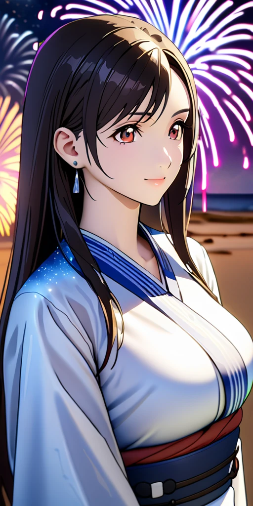 (((((tifa lockhart:1.5))))),((Highest quality、masterpiece、anime style、best quality、high resolution、8k、detailed、ultra-detailed:1.3))、Long legs:1.2, Beautiful woman with perfect figure:1.4、(Smiling:1.2), double eyelid、30-year-old female、((((One Woman,beautiful face,Beautiful face:1.5)))),Big Breasts、High resolution, accurate, Anatomically correct, High-resolution model, high quality, Very detailed, Ultra high definition、Black Hair、Straight Hair、Long Hair、(((summer、Starry Sky、Beach、long KIMONO、firework、Upper Body:1.1)))、solo,