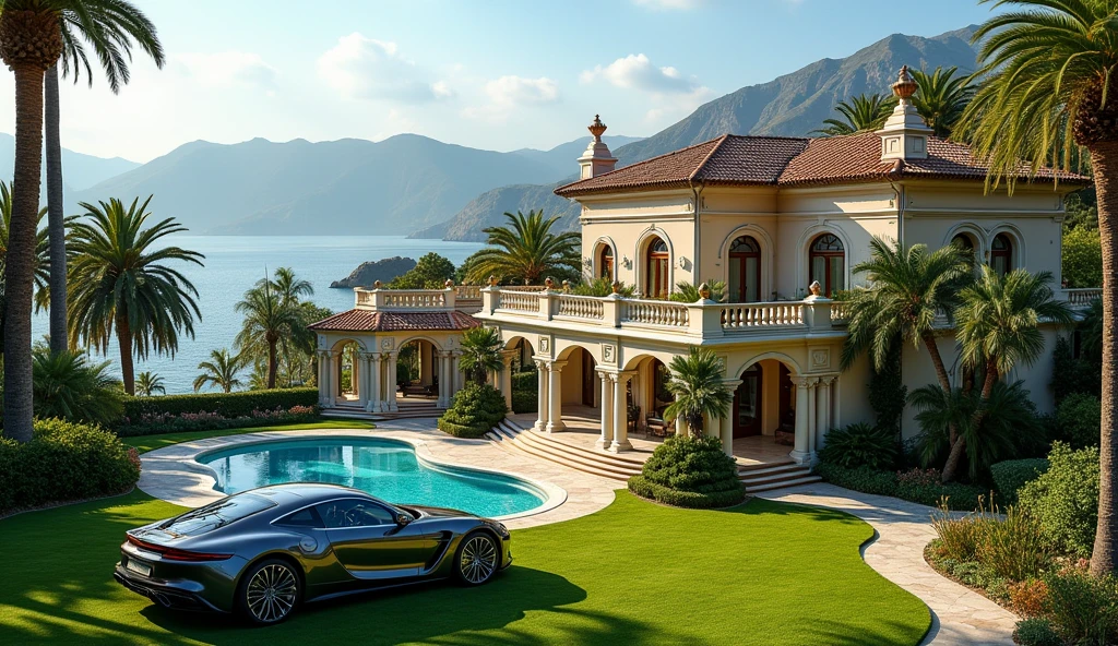 luxury mansion with a luxuary car parked in front of it, green yard with trees, behind sea and mountains, luxury pool, luxury lifestyle, luxurious environment, luxury architecture, rich, huge mansion, rich style, luxury and elite, extremely opulent, luxurious, hyper luxurious, majestic masterpiece, wealthy, luxury, stunning grand architecture, exquisite masterpiece, flaunting his wealth, inside a grand, architectural masterpiece