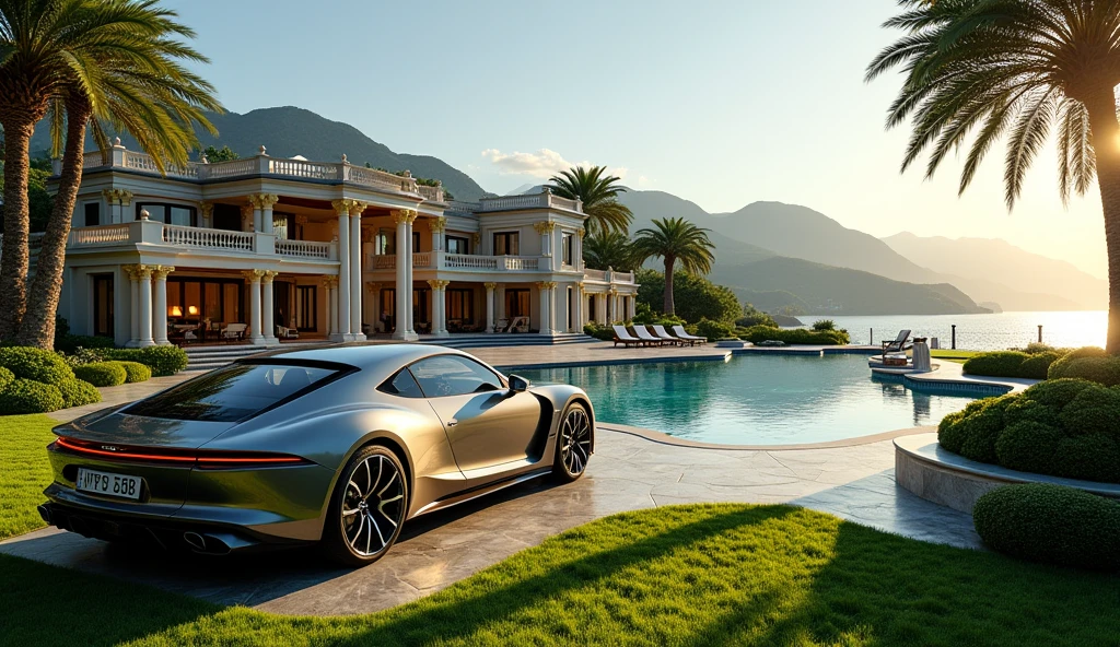 luxury mansion with a luxuary car parked in front of it, green yard with trees, behind sea and mountains, luxury pool, luxury lifestyle, luxurious environment, luxury architecture, rich, huge mansion, rich style, luxury and elite, extremely opulent, luxurious, hyper luxurious, majestic masterpiece, wealthy, luxury, stunning grand architecture, exquisite masterpiece, flaunting his wealth, inside a grand, architectural masterpiece