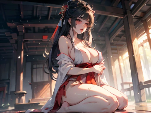 (Big Tits,valley,Plump,Saggy breasts,Rocket Breasts),sexy,whole body,(Long Hair,Black Hair,Straight bangs),Breast bag,Shrine maiden,Priesthood,Shrine maiden服,Shrine maiden装束,Scarlet hakama,shrine,Tree Eyes,Worried brow,Shyness,Beauty,transformation,Dirty pervert,Wet and see-through,Big Butt,barefoot,Thigh,Plump,Soaking wet,seiza,sit