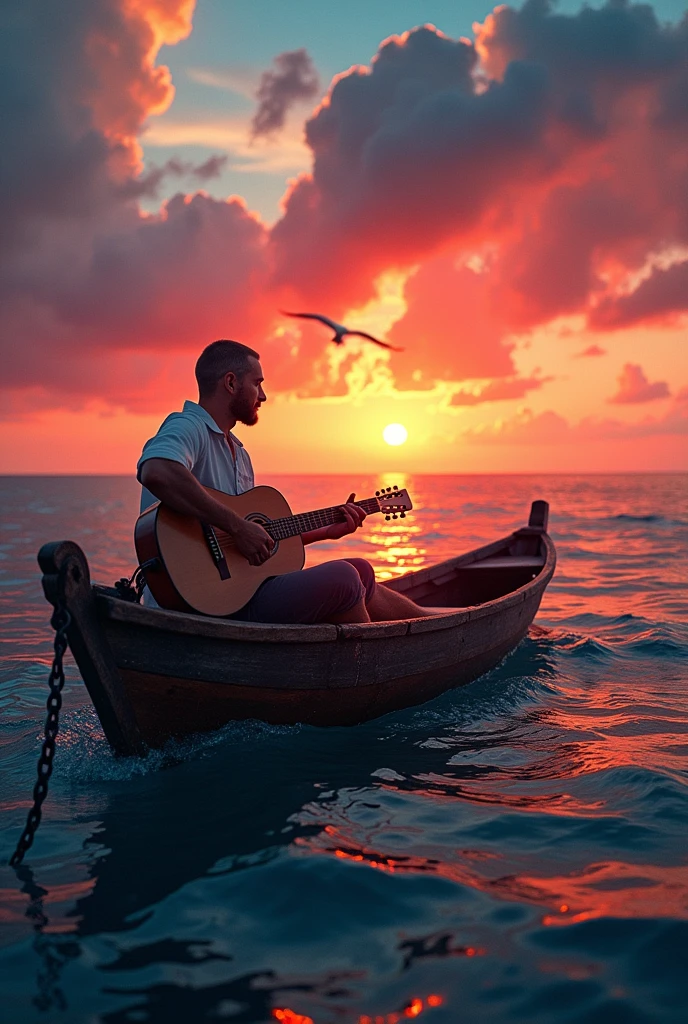 Playing guitar on a remote boat in the middle of the endless ocean. A sunrise with red and blue colors. short hair man.
