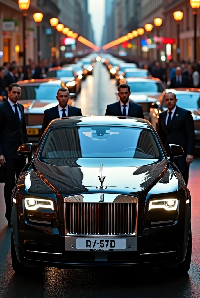 A man who have a rolce royal and take off his hand on the car and the body guard surround the man and many car are back and front of the rolce royal 