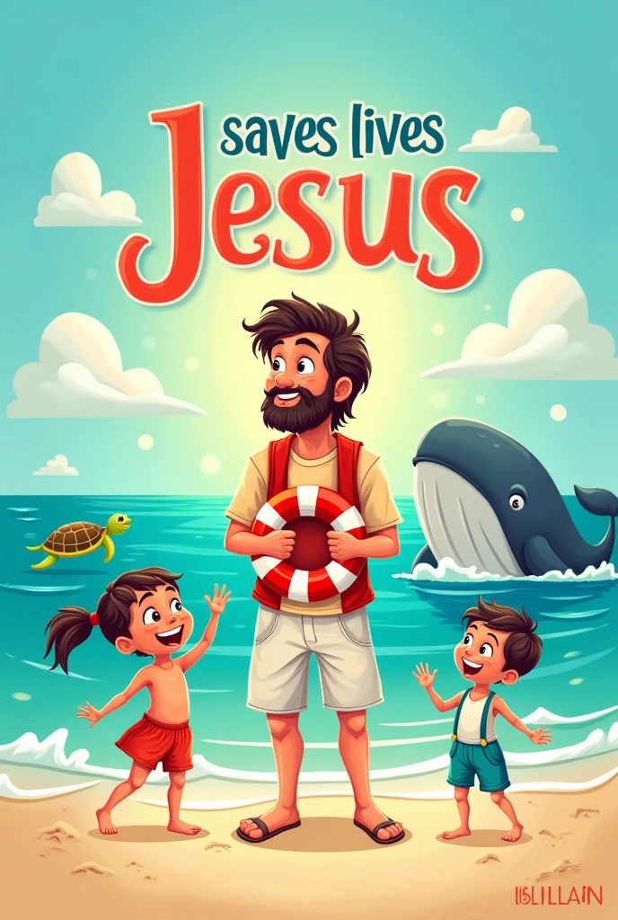 Create a print art for a blouse .
This print must have the theme written in Portuguese "Jesus saves lives".
Add the drawing of Jesus dressed as a lifeguard, and with a buoy in the sea with two cute children, add animals like turtle, whale.

OBSERVATION: Jesus and the animals and the children need to be in drawing. I want Jesus without glasses 