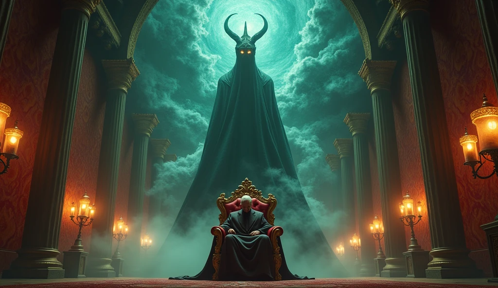 A powerful jinn is standing is the front of the old age Muslim king ,the king is sitting on his chair