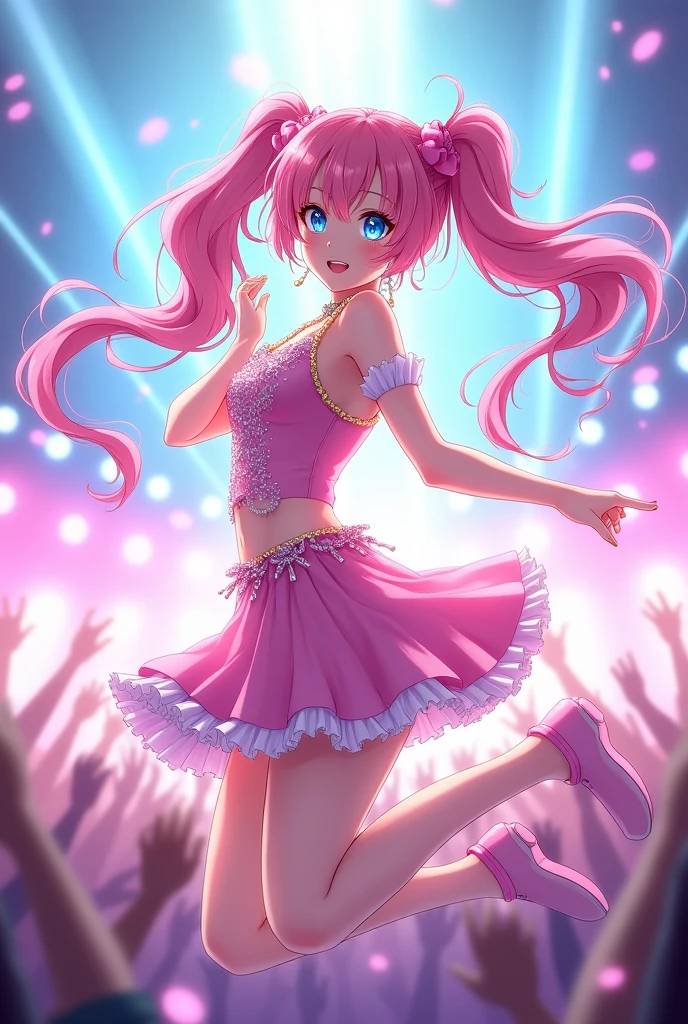 Anime girl with two pink hair ties jumping idol turns to the side