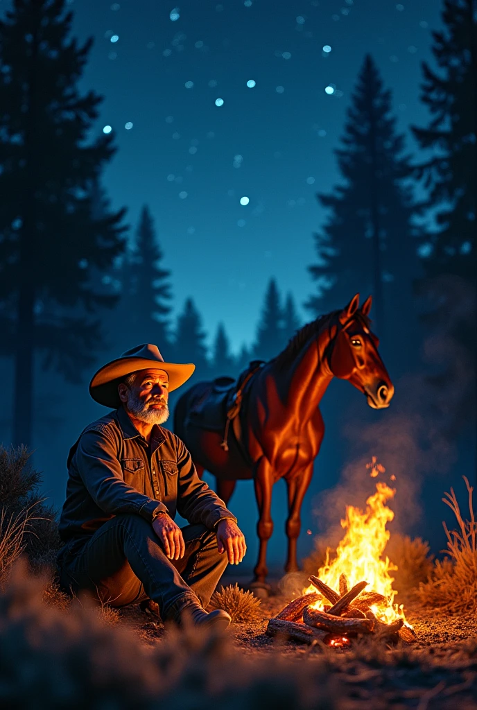 a cowboy sitting cooking with his horse in front of him.