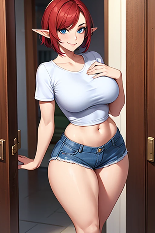 1girl, female mature elf, curvy body build, short red hair, blue eyes, white tight mini tee shirt, stomach showing, blue denim mini shorts, black stiletto high heels, both hands resting on chest, seductive smile, seductive pose, standing in hallway, butt sticking out