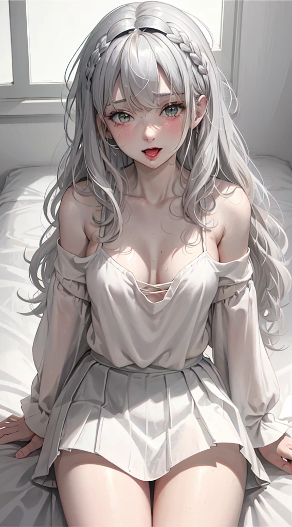 1Girl, 25 years old, Solo, Anime, Ideal body, (Cleavage, Small breast). Beautiful, Gorgeous, Fresh, Blunt Bangs, (White Grey Hair:1.5),(Straight and Wavy Long Hair:1.3), colorful cloth, random cloth, casual shirt, casual dress, casual skirt, camisoles, cotton texture, laced cloth, casual pants, Off-Shoulder, Oversize, Comfort, Loose shirt, Fabric Texture. (Sit on bed:1.3). Earrings, Thin Black Headband, Green Accessories, Environmental Details, Bed Room, Natural Light, Modern Bed, Chair, Window, White Curtain, City View. pov, anime style, UHD, retina, masterpiece, accurate, anatomically correct, textured skin. High Resolution, Looking at the viewer, Blush, Best Quality, Award Winning, Accurate, Embarrassed, seductive smile, sweating, Naughty Face, Chin up, lips open, Gradient Eye Color, Sexy Pose. In the top view shot, the body is bent to the viewer, in front of a camera, looking up to the viewer, tongue out, and with an open mouth. From Above, (sticky goo on breast), (goo on body), (sweating).