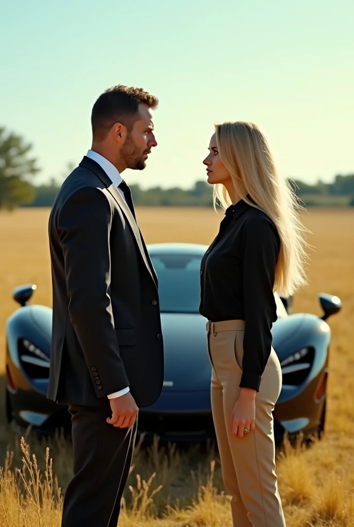 35 year old American man, bonitas,stark, in a suit, nun dress, BUSINESSMAN.
arguing with a 25 year old girl, blonde, cabelos longos bonitass, the young woman wears a black blouse and beige tailored pants.

They are in a field, in the background there is a black supercar parked.
The man yells at the woman, she looks at him defiantly