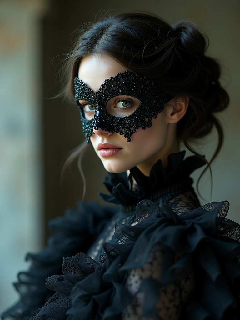 a close up of a person wearing a mask, dreamy gothic girl, elegant render, half body photo, mistress, photoshop render, ebony rococo, elegant girl, female spy, haunting beautiful young woman, super-hero girl, extravagant dress, beauty girl