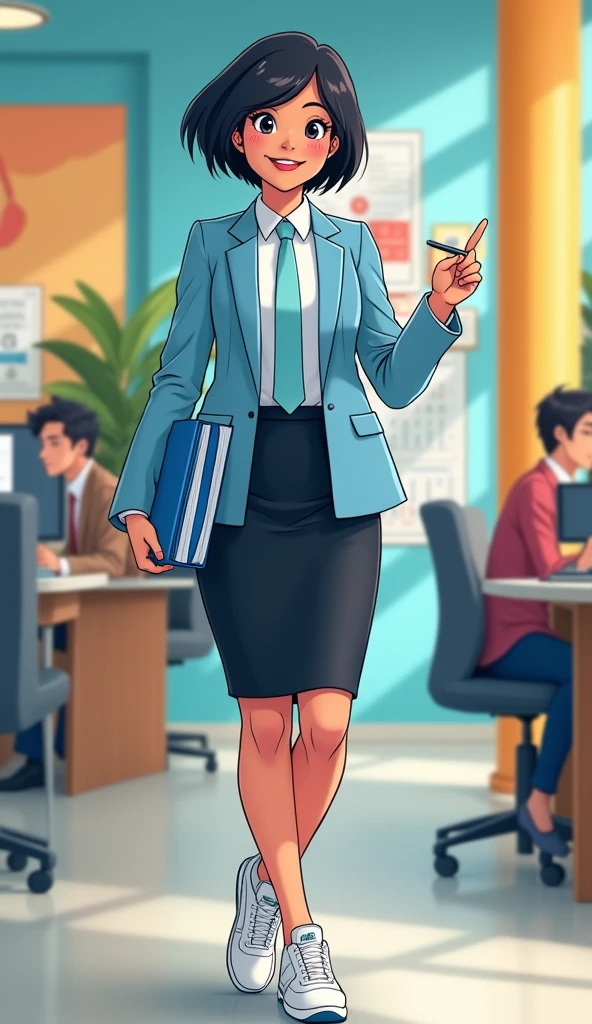 The young woman short black hair wear a light blue suit, white shirt, light blue necktie, black pencil skirt, black underpants, dark grey socks, new balance 530 white sneakers.
Her left hand holds a blue file book, Her right hand holds a black pen, Her eyes are dazzled and smiled, cartoon novel, 4K, HD