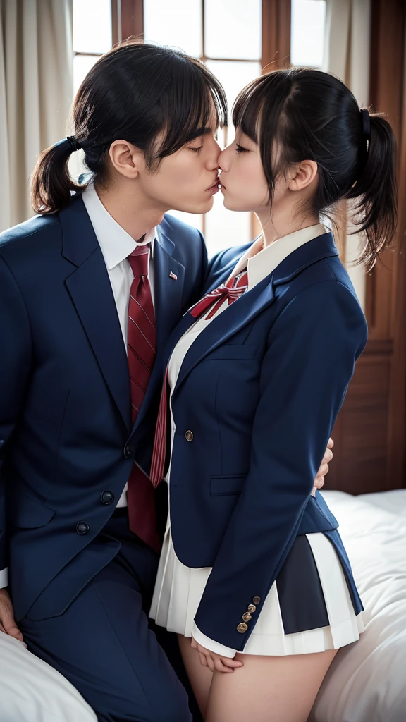 ((masterpiece, Highest quality, High resolution)), Japanese high school girl and 60-year-old man in a suit kiss、(Realistic: 1.4), Embarrassed、Closed eyes、close your eyes、Closed Mouth、Shut your mouth.、Great face,Glossy Lips、15 years old, ponytail、(Beautiful Hair:1.5), Japanese High School Uniform、(Navy Blue Blazer、Navy blue jacket)、(White dress shirt)、(Red tie)、(Navy blue mini skirt、Beautiful legs)、((At the bed、Kissing a 60 year old man in a suit on the lips、kiss my lips))、Detailed and real fingers、Smooth, Highly detailed CG composite 8K wallpaper, High resolutionのRAWカラー写真, Professional photography, Light, BackLight, dream-like, impressive, Written boundary depth, (Face close-up:1.2)