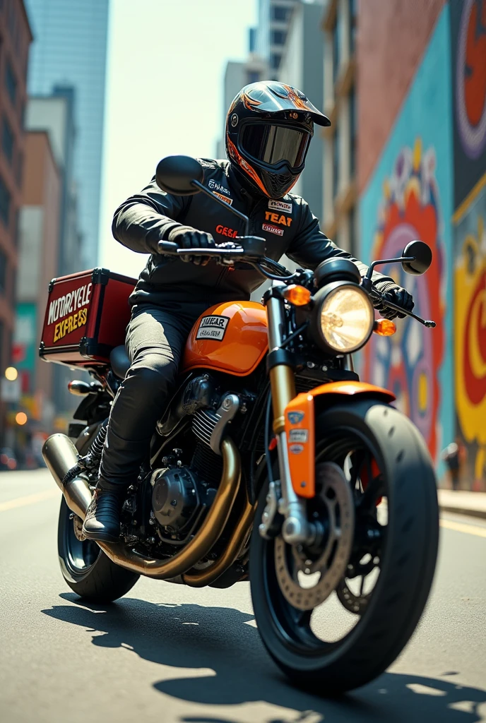 Messenger on enduro motorcycle with trunk Advertisement that says motorcycle Express 