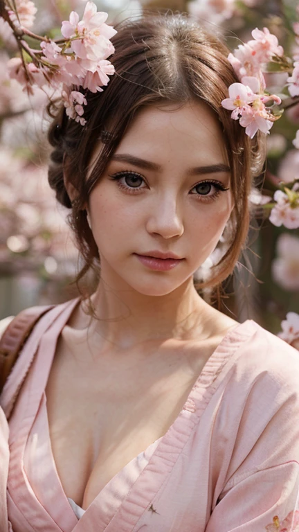 sakura cosplay, beautiful detailed eyes, beautiful detailed lips, extremely detailed eyes and face, long eyelashes, 1girl, cherry blossoms, pink kimono, elegant, dreamlike, soft lighting, pastel colors, detailed background, intricate details, photorealistic, masterpiece, high quality, 8k, hyper detailed