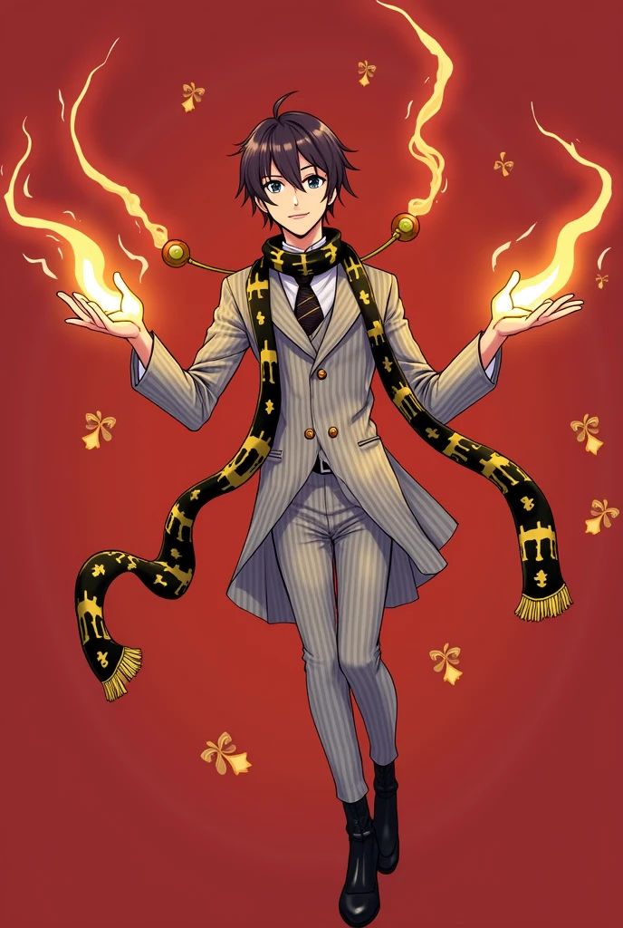 He stood wearing black stockings and pointy stilettos..、A 22-year-old Japanese man wearing a striped suit.、Black and gold pattern scarf