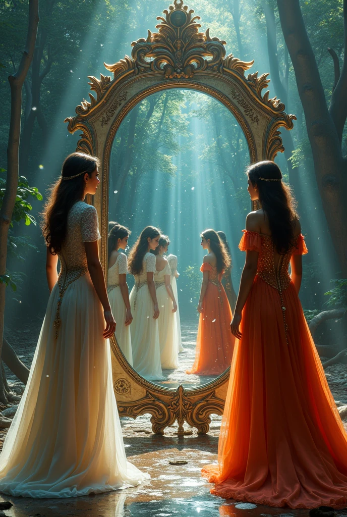 Magic mirror, the image is reversed left and right, the glass in the middle from the left side will be entered by several women, as well as from the right.