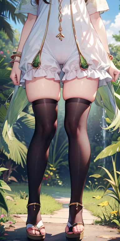 Thick thighs,Nahida,, , ,, Flat Chest, whole body, Frame from head to toe, Hata, Thick thighs, Bloomers, bend over, Buttを見せる( Butt), Outdoor, cute girl, cute , Avoid One Piece，Striped panties，Torn Bra