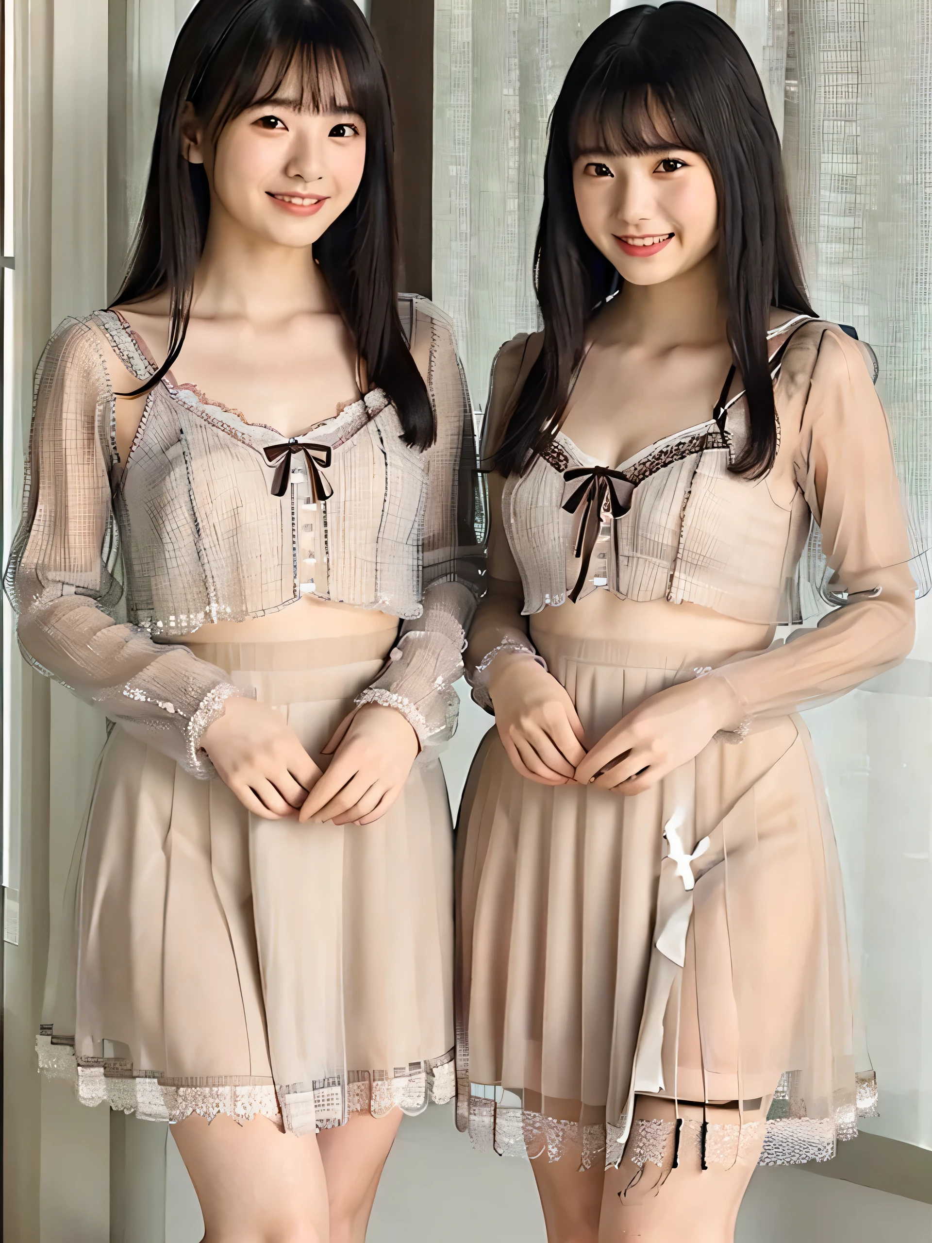 (A close-up selfie photo of two Japanese idols), (close-up), (standing closely), (In the sea), (morning), (Both smiling), (Both looking at the camera), best quality, masterpiece, ((Double eyelids)), Bangs down, ((Big beady eyes)), nogizaka_costume, (((Both wearing lingerie-panties))), (((Sheer transparent costume))), (((exposing nude body))), (((nipples and crotch))), (((lingerie)))
