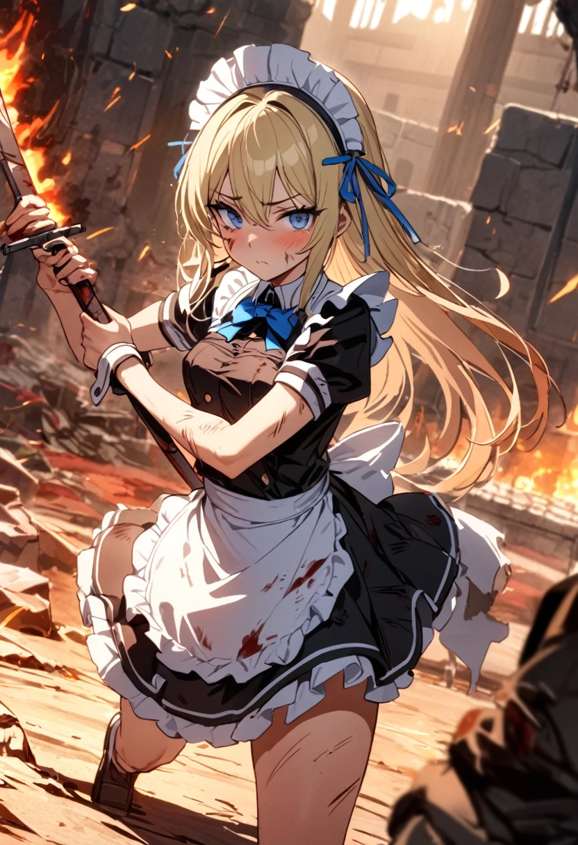 (8k, super high quality, masterpiece), (detailed), One Woman, Small breasts, Blonde, cute, Slightly longer length, Blue ribbon, Apron dress, Maid clothes, Slash with a two-handed sword, Perfect Stance, Burning Battlefield, Castle Defense, My whole body is dirty., Torn clothing, A strong enemy in front of me, Deadly Combat, Intense Combat, Quite dirty, Scorched, injury, Blood