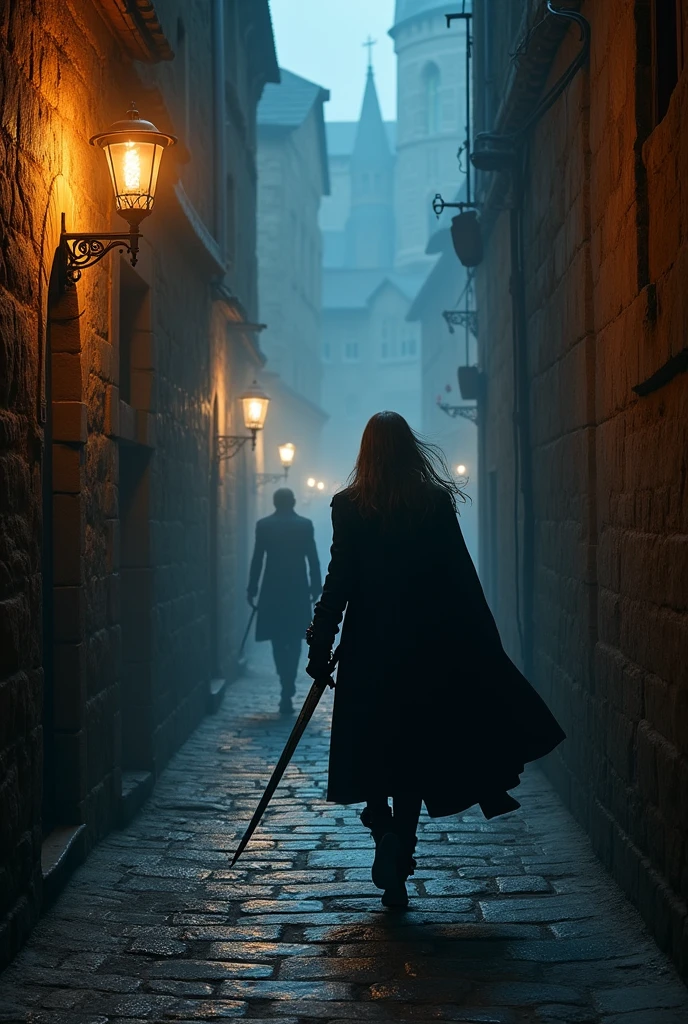 (elven male assassin, thin athletic figure, long hair), murders a night watchman on patrol (dark demeanor), (irony, sarcasm, funny situation), (heavy metal opus), (action-packed film scene), (epic fantasy masterpiece), (detailed faces and bodies), (expression of despair), (macabre mixture of horror and fantasy), (scene from Dungeons & Dragons),