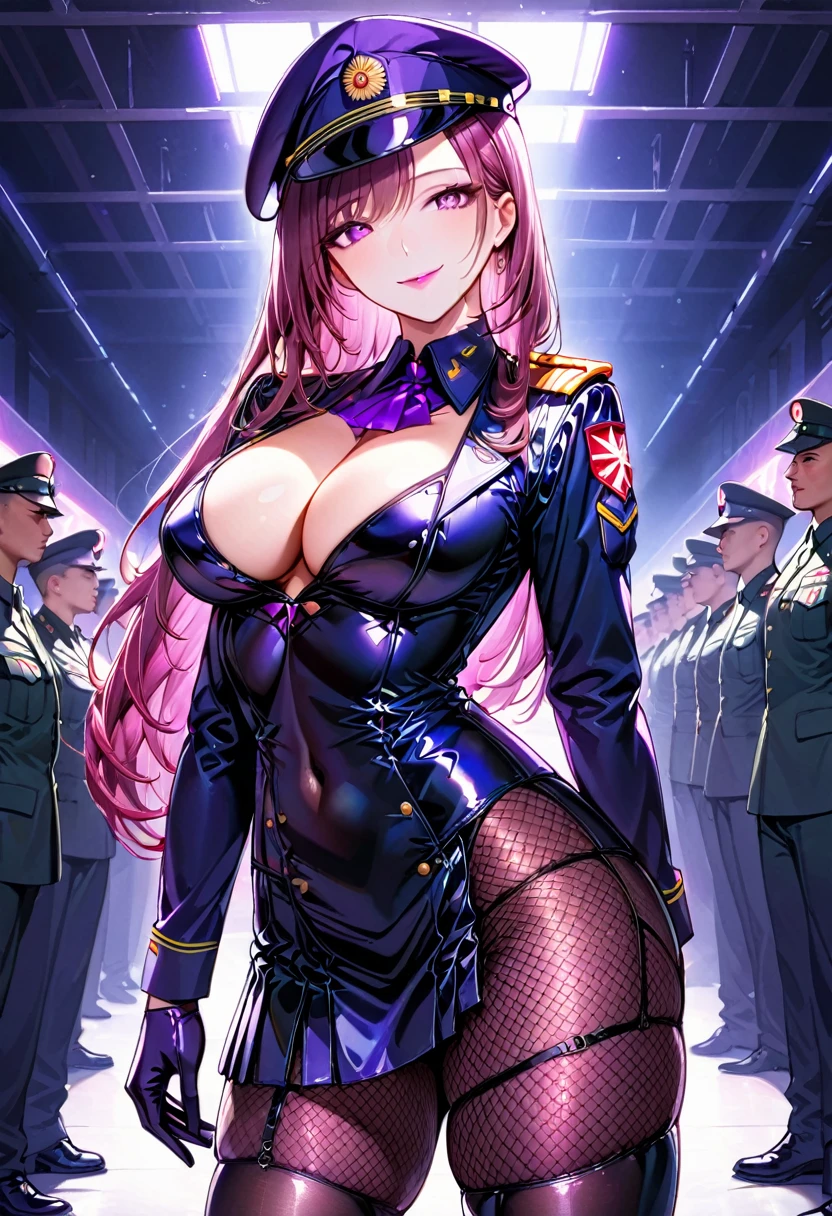 Mature beautiful woman,(Highest quality,Extremely detailed depiction,Incredibly absurd high resolution,Anatomically accurate depiction,Curvy Legs,A face with attention to detail, Eye for detail,Perfect body),(Glowing Skin,Shiny skin),(Sexy female soldier,uniform,Tight Skirt,High heels,Fishnet tights,Uniform cap,latex,garter belt),eyelash,Flashy makeup,eye shadow,Intensely glowing purple eyes,Half-closed eyes 1.3,There is cleavage in the chest,Shiny pink lipstick,Shadowed face,A seductive smile,whole body:1.1,background:military base,Dim atmosphere