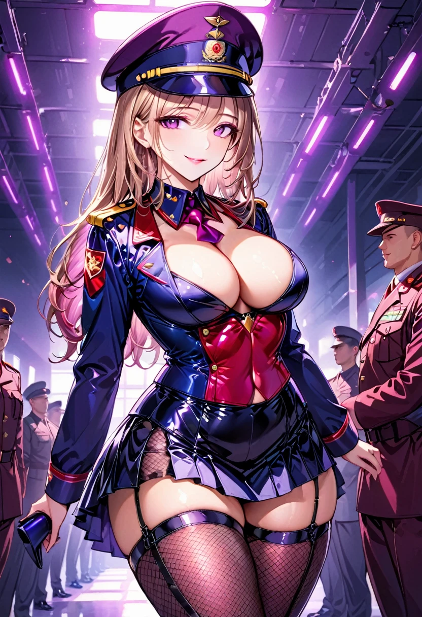 Mature beautiful woman,(Highest quality,Extremely detailed depiction,Incredibly absurd high resolution,Anatomically accurate depiction,Curvy Legs,A face with attention to detail, Eye for detail,Perfect body),(Glowing Skin,Shiny skin),(Sexy female soldier,uniform,Tight Skirt,High heels,Fishnet tights,Uniform cap,latex,garter belt),eyelash,Flashy makeup,eye shadow,Intensely glowing purple eyes,Half-closed eyes 1.3,There is cleavage in the chest,Shiny pink lipstick,Shadowed face,A seductive smile,whole body:1.1,background:military base,Dim atmosphere