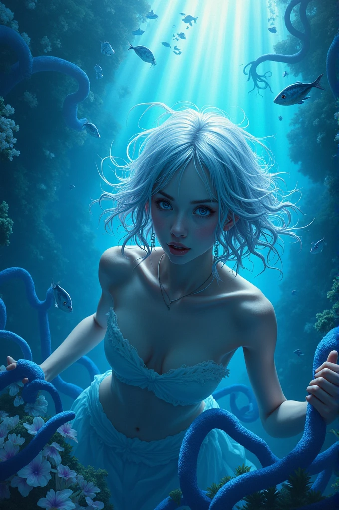 young girl, (((slim body))), ((slender body)), (((narrow hips))), (((flat chest))), (((deep sea))), (((darkness))), ((dark background)), (((underwater))), (((deep sea fish in the background))), ((anglerfish)), sharks, (((bioluminescence))), glowing white eyes, white hair, (((white-skinned))), ((shiny skin)), glowing speckles on skin, (big eyes), slender figure
