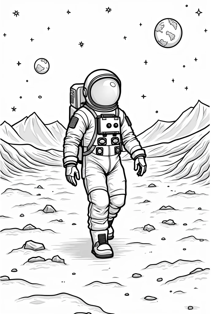 Astronaut walking on the moon coloring page black and white 
