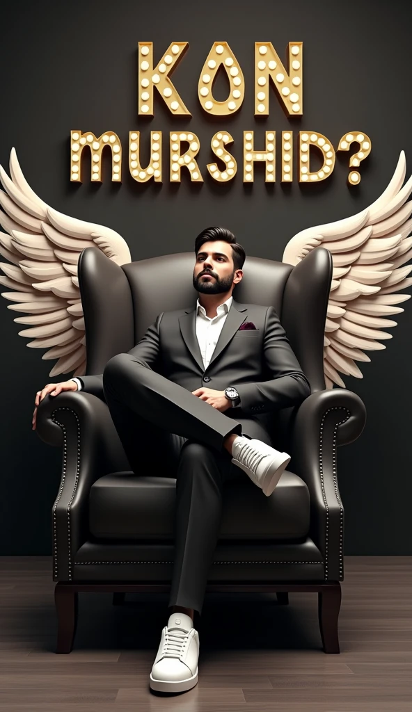 Create a 3D illustration for a profile picture where a 38 year old “Man”,With a Black suit, casually on a wings back chair, wearing sneakers a white,, the background features “Kon Murshid ?” in big and capital letters Hacking Style font on the back wall, there should not be his shadow and there are wings to make it appear as if he is angel.
