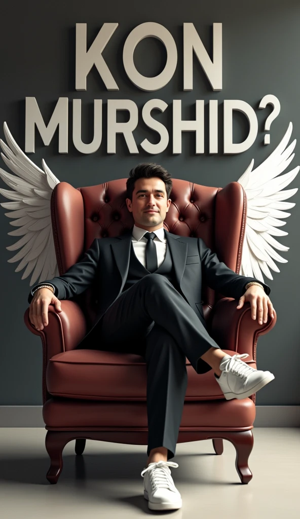 Create a 3D illustration for a profile picture where a 38 year old “Man”,With a Black suit, casually on a wings back chair, wearing sneakers a white,, the background features “Kon Murshid ?” in big and capital letters Hacking Style font on the back wall, there should not be his shadow and there are wings to make it appear as if he is angel.