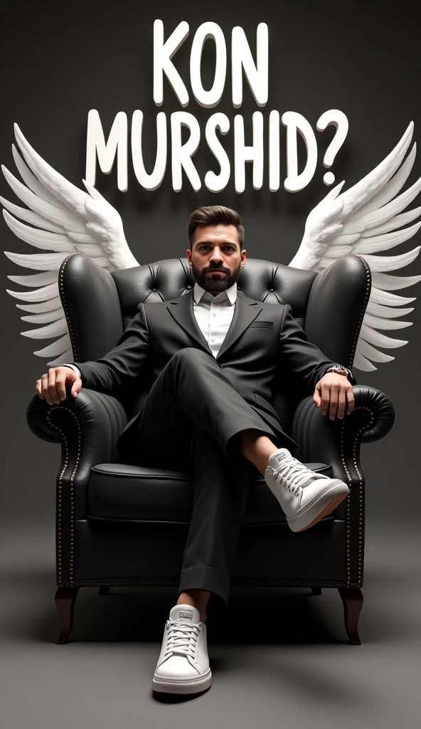 Create a 3D illustration for a profile picture where a 38 year old “Man”,With a Black suit, casually on a wings back chair, wearing sneakers a white,, the background features “Kon Murshid ?” in big and capital letters Hacking Style font on the back wall, there should not be his shadow and there are wings to make it appear as if he is angel.