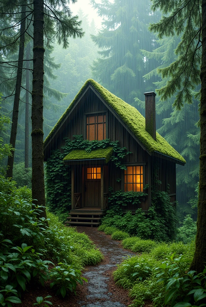 House im forest with heavy rain outside and littel bit of sun rays
