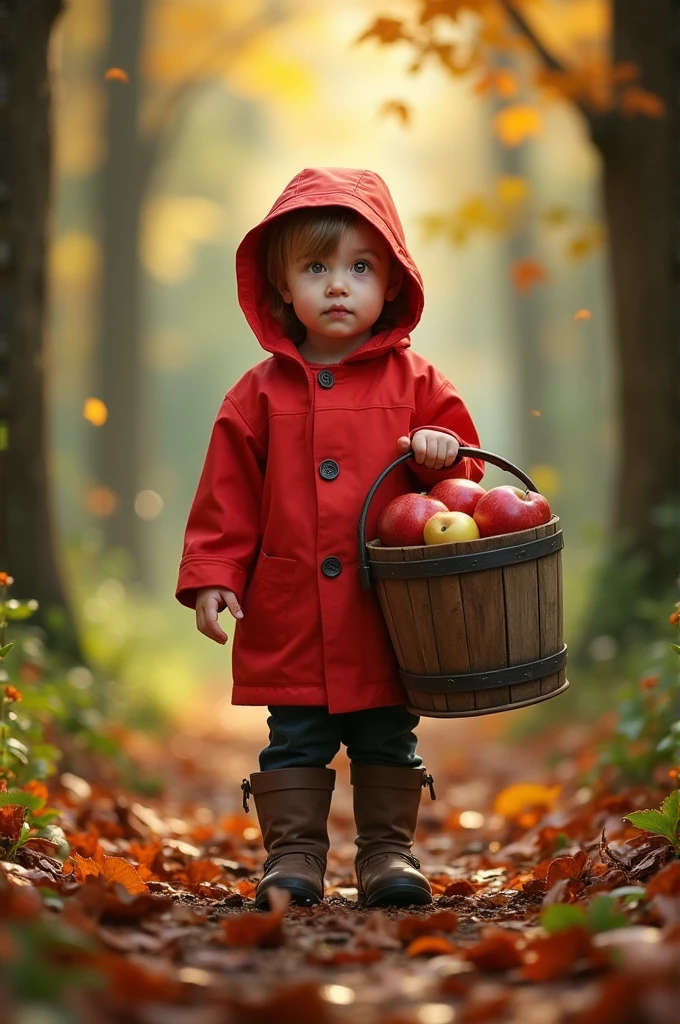 A in the forest in red raincoat with a bucket of apples