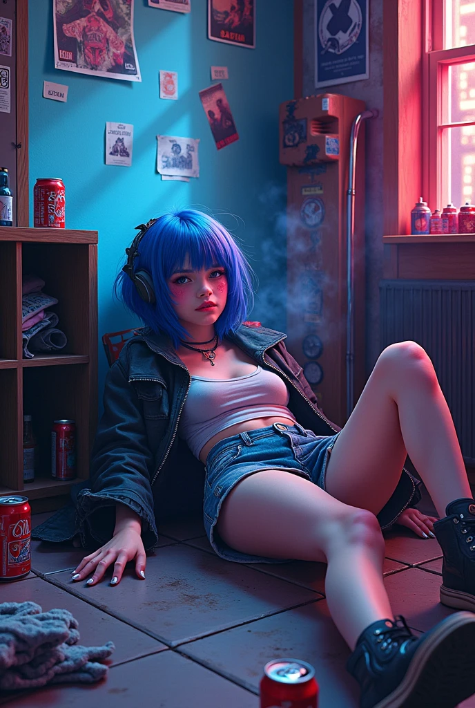 Animated ager lying in a messy room smoking and listening to music