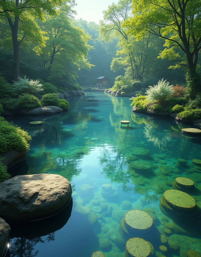 (masterpiece:1.2,Highest quality,Ultra-high resolution,Very detailed,Realistic,Ultra-high resolutionのカメラ),8k,wallpaper,(Shooting the pond from above),(Depicting the bottom of a pond with the reflections removed from the water surface:2.0),sunny,Japanese garden,Serene landscape,Healing