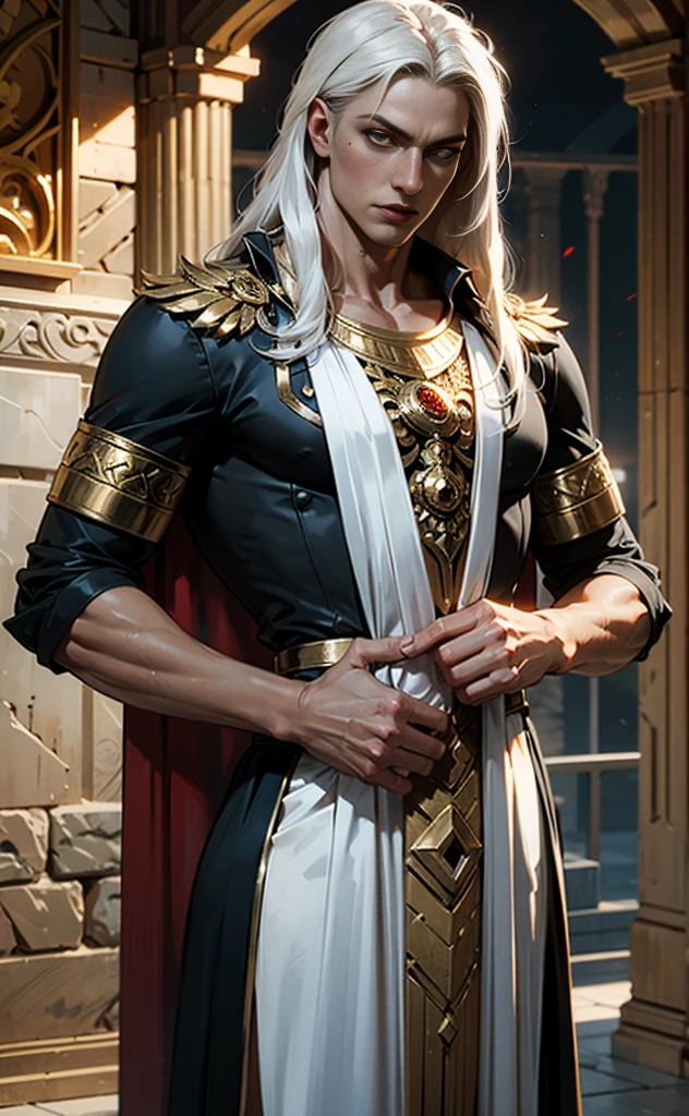 Dark fantasy, sexy vampire, young guy, with long white hair, scarlet eyes, dark skin, strong build, open chest, in an ancient Greek Greek tunic with golden elements of red tones
