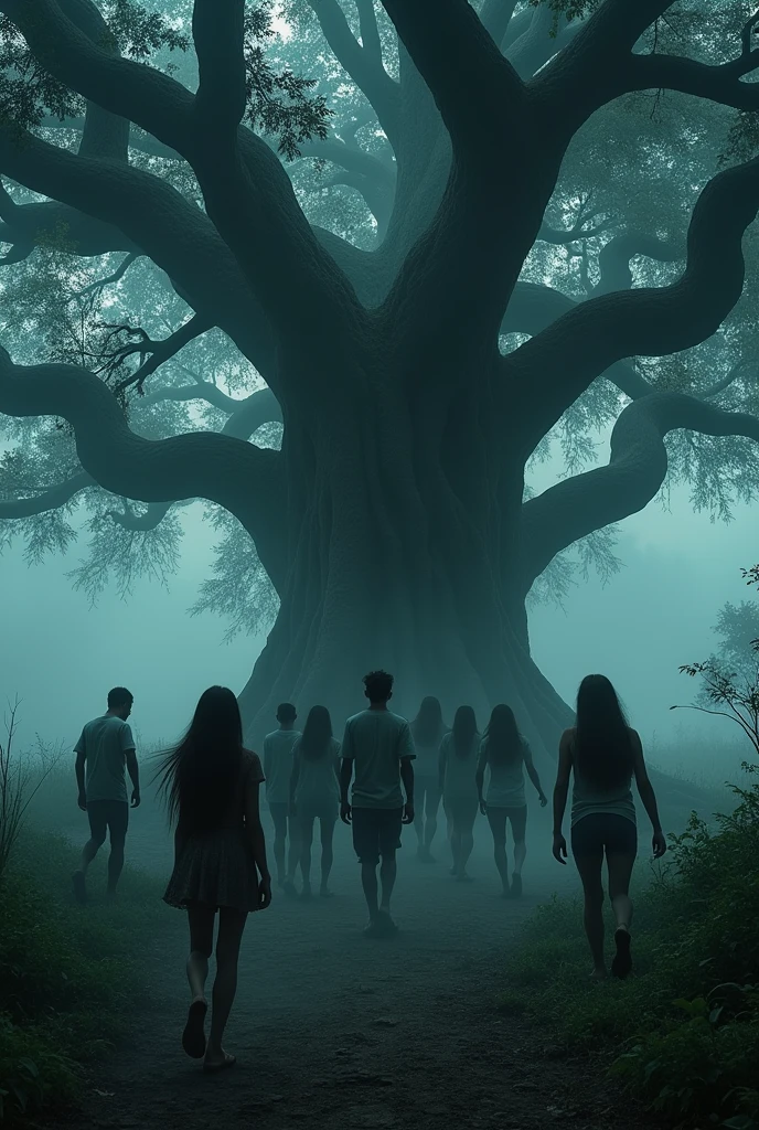 A group of teenagers tapped and surrounded by the roots of haunted banyan tree trying to escape.