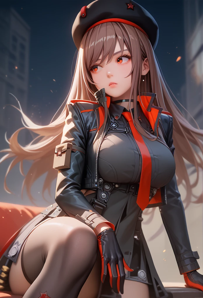 Lapidev, Red eyes, Brown Hair, Long Hair, bangs, beret, Black jacket, Cropped jacket, Red tie, gloves, Black Shirt, 
Knee socks,9,score_8_superior,score_7_superior,masterpiece,最high quality,Perfect Anatomy,so beautiful,Official Art,8k,Shiny_skin,fair_skin,white_skin, eiza、Thighs:1.4,Large Breasts:1.5,
High resolution, Anatomically correct, 最high quality, high quality, Very detailed, Ultra high definition, 質感のあるskin, 