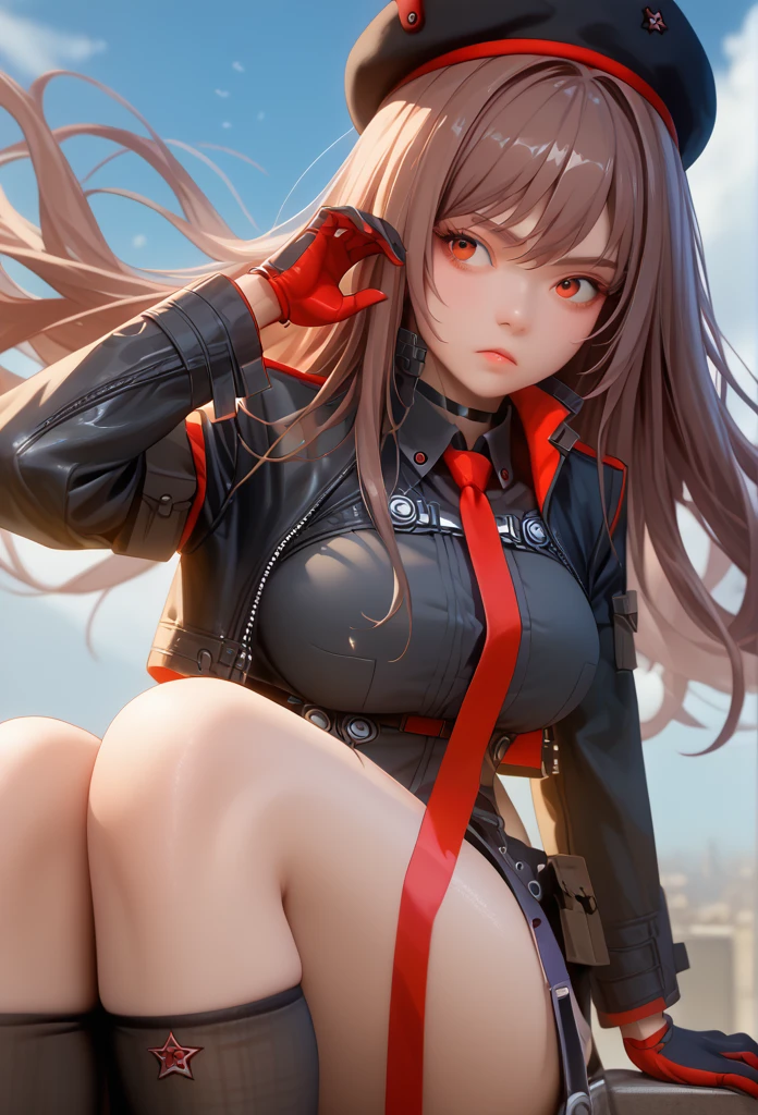 Lapidev, Red eyes, Brown Hair, Long Hair, bangs, beret, Black jacket, Cropped jacket, Red tie, gloves, Black Shirt, 
Knee socks,9,score_8_superior,score_7_superior,masterpiece,最high quality,Perfect Anatomy,so beautiful,Official Art,8k,Shiny_skin,fair_skin,white_skin, eiza、Thighs:1.4,Large Breasts:1.5,
High resolution, Anatomically correct, 最high quality, high quality, Very detailed, Ultra high definition, 質感のあるskin, 