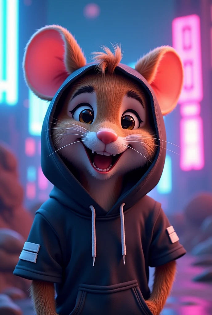 a male gamer mouse animal for vtuber, with black t-shirt and hood, The brown mouse with a white stripe in the middle, looking straight ahead, with open eyes and open mouth