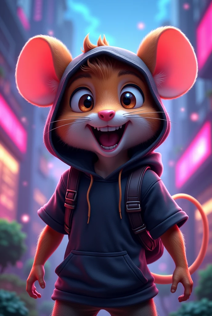 a male gamer mouse animal for vtuber, with black t-shirt and hood, The brown mouse with a white stripe in the middle, looking straight ahead, with open eyes and open mouth