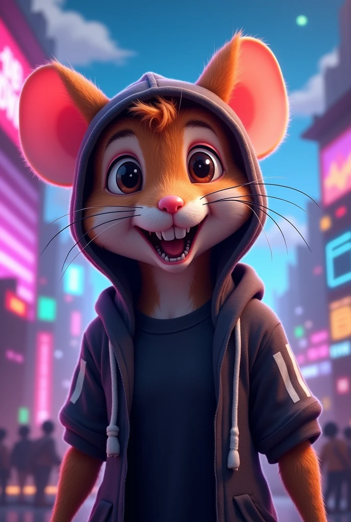 a male gamer mouse animal for vtuber, with black t-shirt and hood, The brown mouse with a white stripe in the middle, looking straight ahead, with open eyes and open mouth