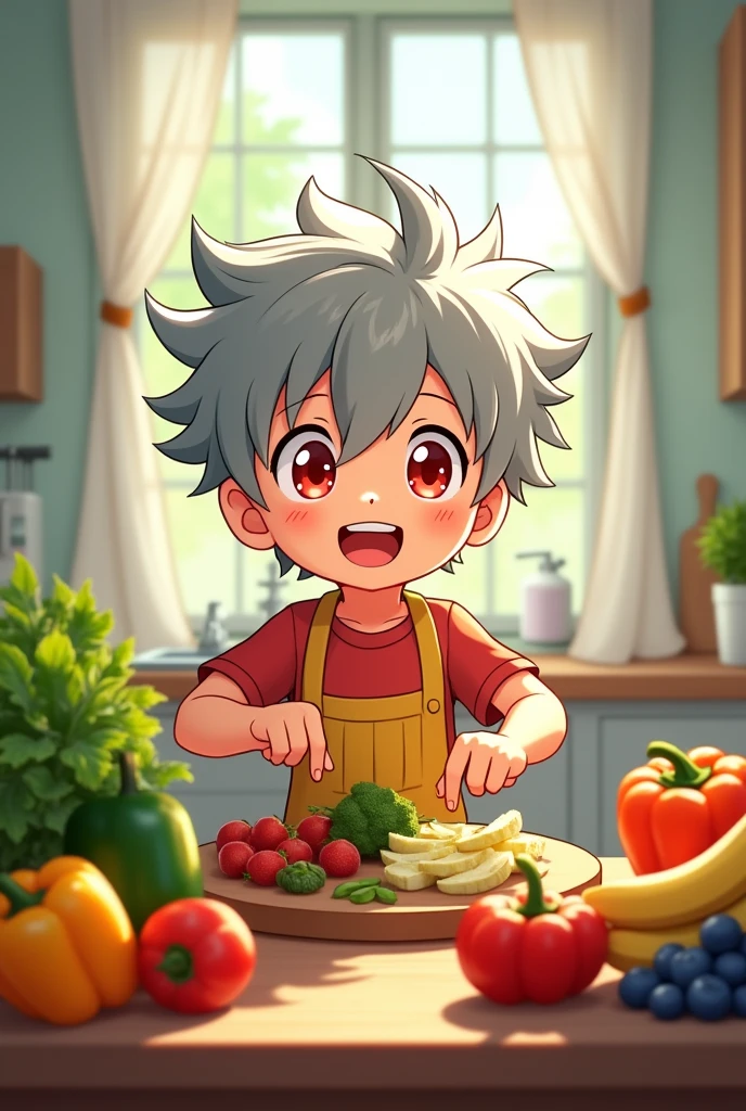 an image that represents what it is "healthy meal plan" with a boy with grey hair and red eyes, in 2d anime with vegetables and fruits