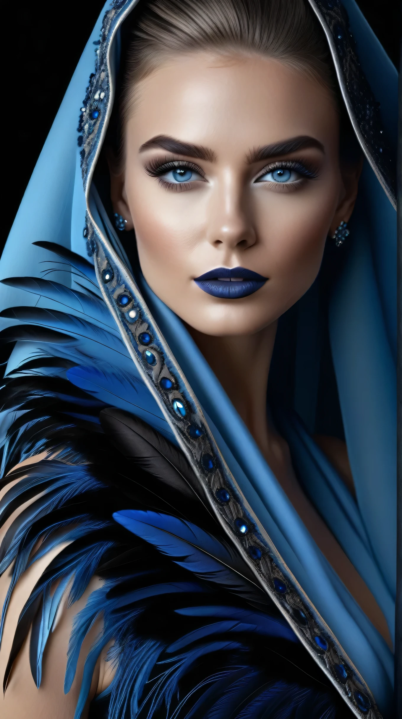 Create a work of art, a beautiful woman, pearly clear skin, crystal blue eyes, detailed eyelashes and eyebrows, blush and mascara, full mouth with blue-black lipstick, ((( close-up, shawl covering part of the face)) ), shawl made with black tulle, detailed and intricate blue-black crow feathers, silver thread embroidery in shades of blue, iridescent crystals, elegant and stunning, dark background, touches of light blue in the background and hair, 8k, UHD., ultra hd , vivid and realistic colors, highly detailed, UHD drawing, pen and ink, perfect composition, beautiful and intricate and incredibly detailed octane rendering, trending in art station, 8k artistic photography, photorealistic concept art, volumetric cinematic smooth perfect light natural