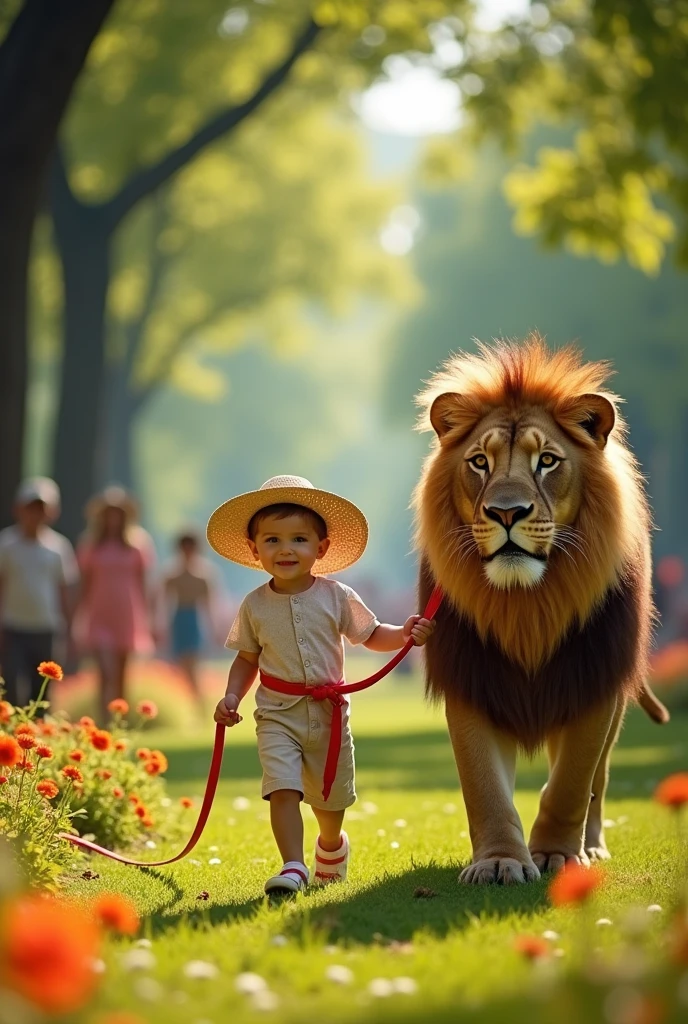 Show a child, walking a lion on a leash, as if it were real